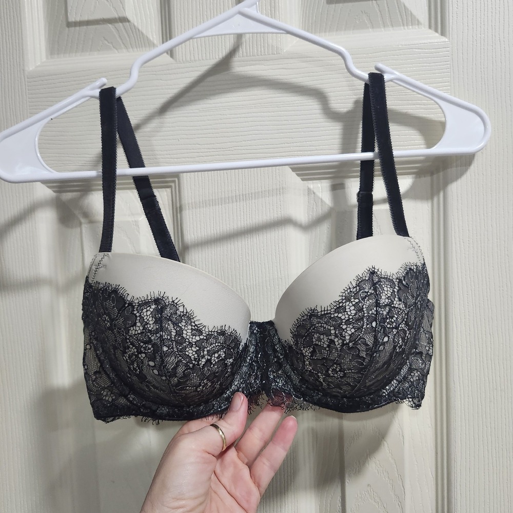 Victoria's Secret Dream Angels Lined Demi Bra 34D Black Nude Lace Underwire Sexy